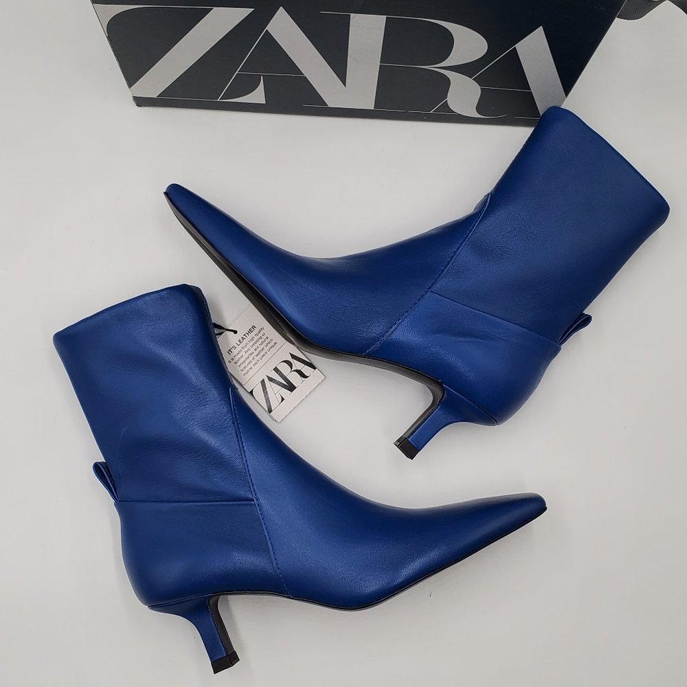 Zara Electric Blue Leather Kitten Heel Booties - NWT - Picture 6 of 16